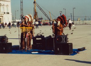 Peruvian musicians dressed as North American Plains Indians in Lisbon